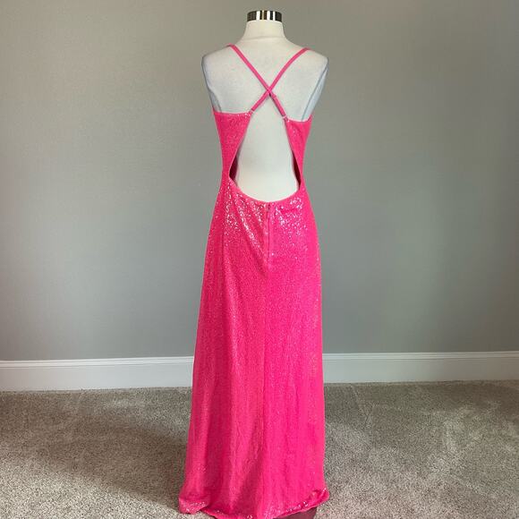 Pink Sequined Backless Evening Gown Size 12 Sleeveless Thigh Slit Formal by AQUA - Picture 2 of 11